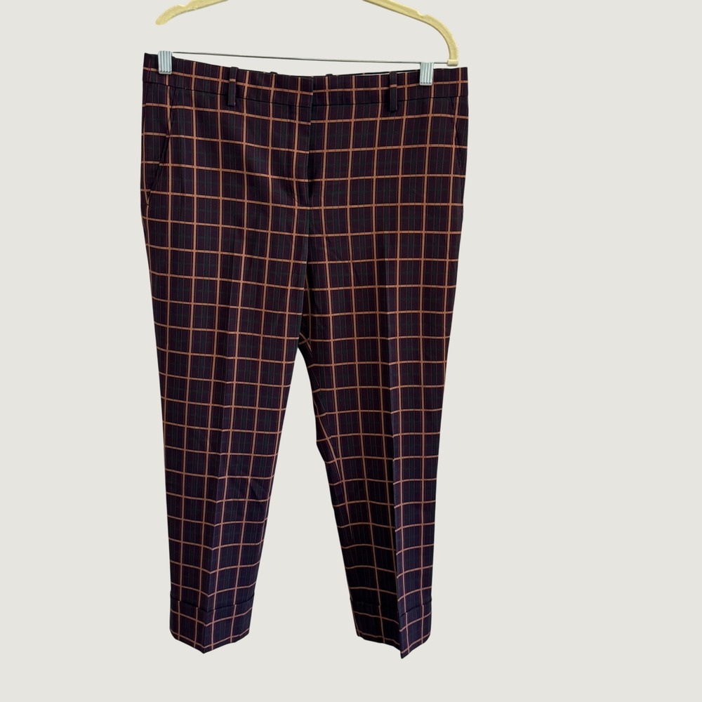 Theory Crop Cuff Pant York Plaid 2 Wool Blend Trousers Purple Tan Size 12
